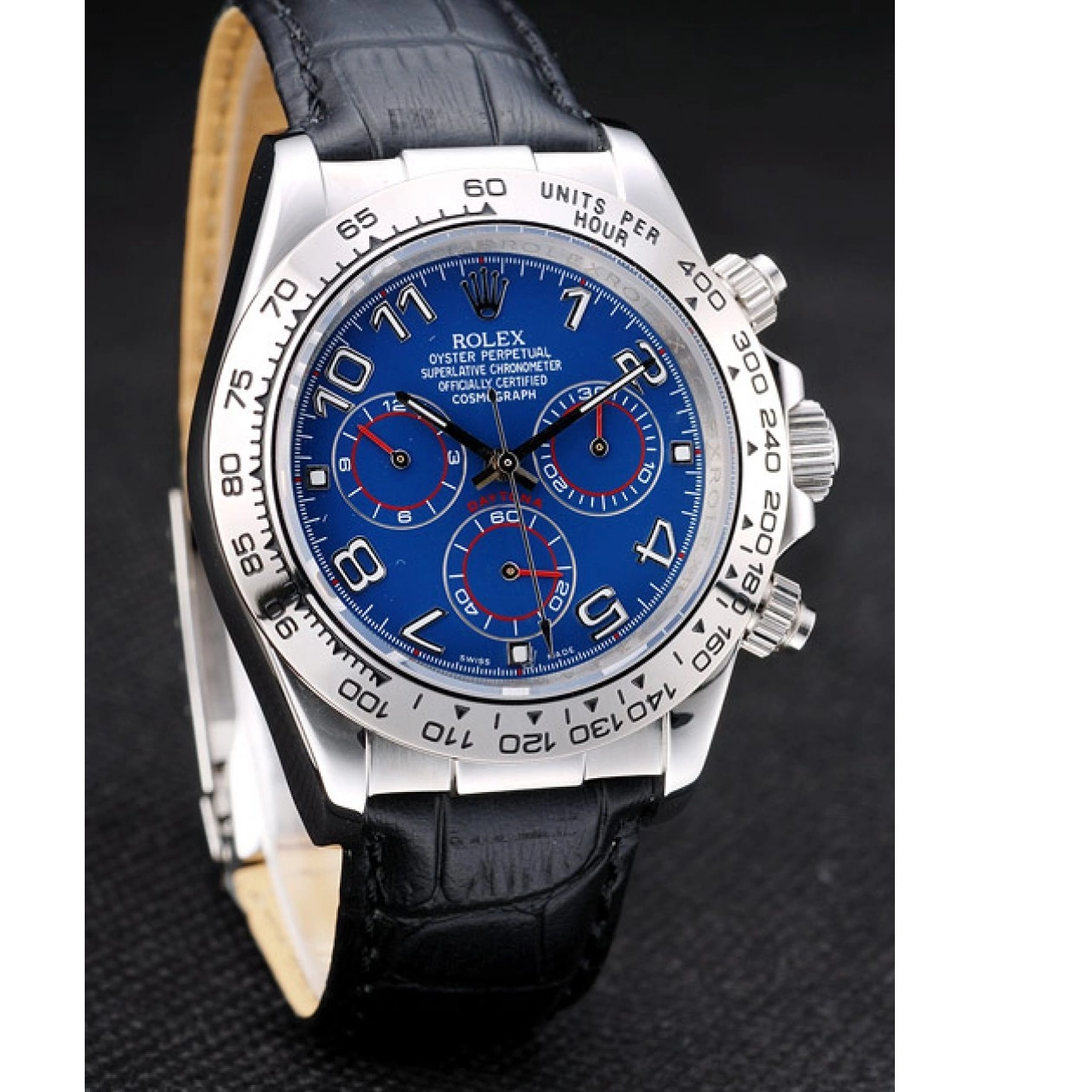 Good copy rolex watches Stainless Blue Rolex Case Steel Black Dial Daytona Strap Leather 0816